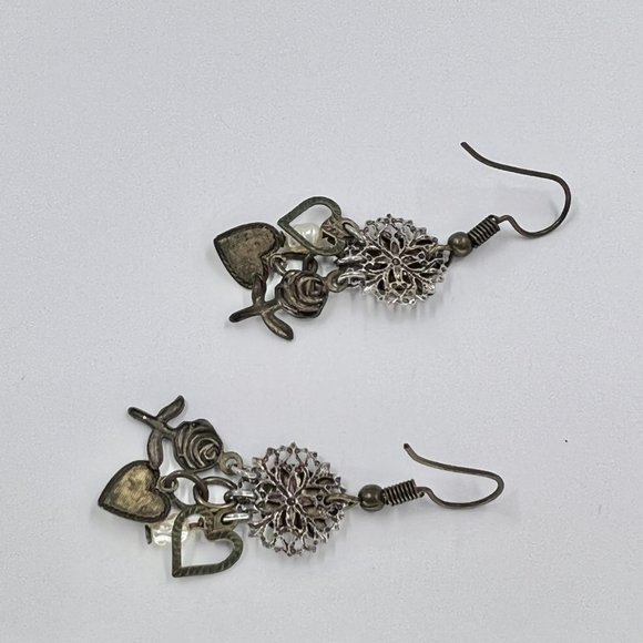 Brass Tone Cat Face & Charm Fishhook Earrings - Picture 5 of 5